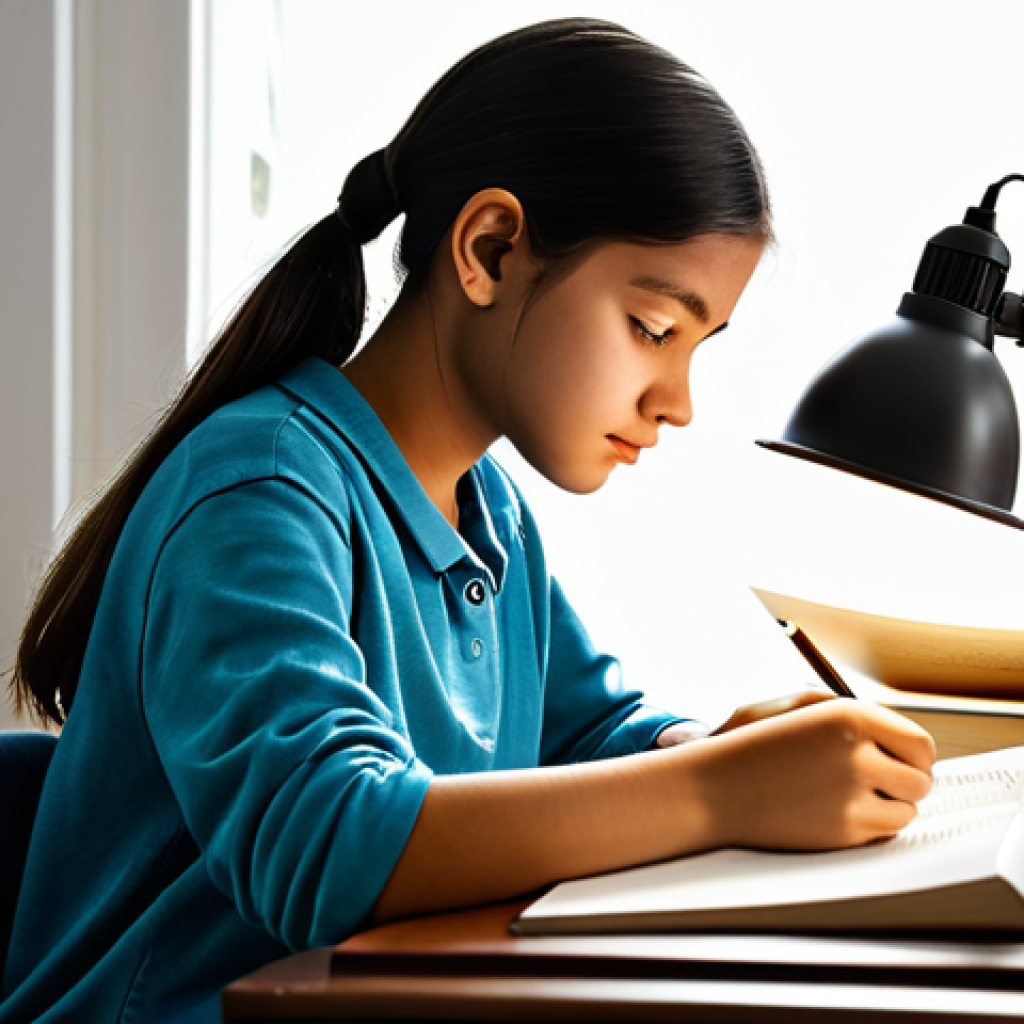 **

A young, focused student, fully clothed in modest attire, studying at a clean desk in a quiet, well-lit room. Books, notes, and a table lamp are visible. Safe for work, appropriate content, family-friendly, professional setting, perfect anatomy, natural proportions, well-formed hands, proper finger count.

**