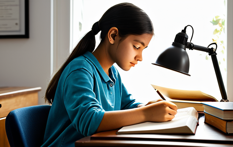 **

A young, focused student, fully clothed in modest attire, studying at a clean desk in a quiet, well-lit room. Books, notes, and a table lamp are visible. Safe for work, appropriate content, family-friendly, professional setting, perfect anatomy, natural proportions, well-formed hands, proper finger count.

**