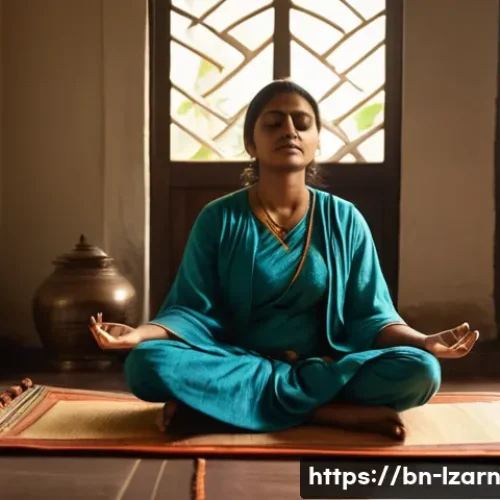 Home 13 정신적 웰빙과 학습 루틴의 연결 - A serene Bengali woman sitting cross-legged on a traditional mat in a calm, organized room with soft...