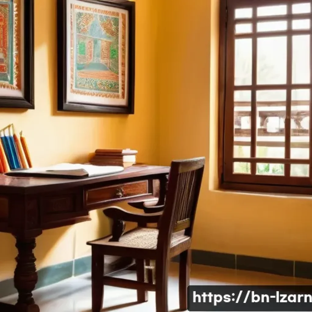 하루에 1시간 학습 루틴 설정하기 - A serene, well-organized study corner in a Bengali home, featuring a wooden desk with neatly arrange...