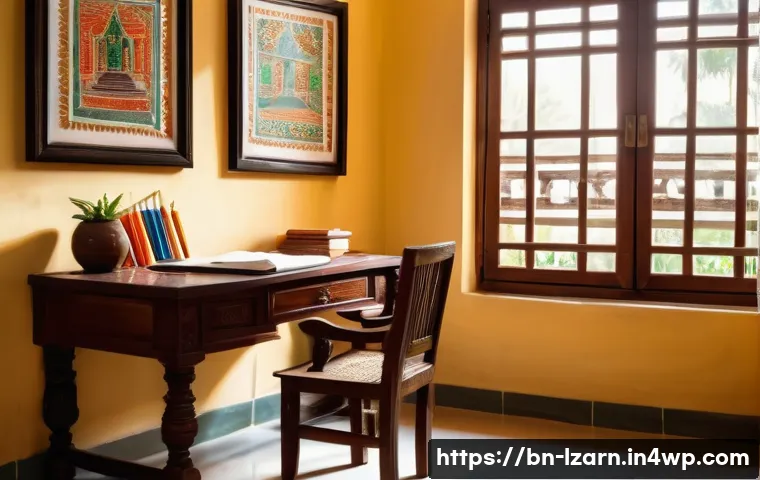 하루에 1시간 학습 루틴 설정하기 - A serene, well-organized study corner in a Bengali home, featuring a wooden desk with neatly arrange...
