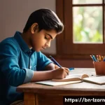 Home 19 학습 루틴에서의 목표 및 성과 측정하기 - A focused Bengali student sitting at a neatly organized wooden desk in a cozy study room, writing go...