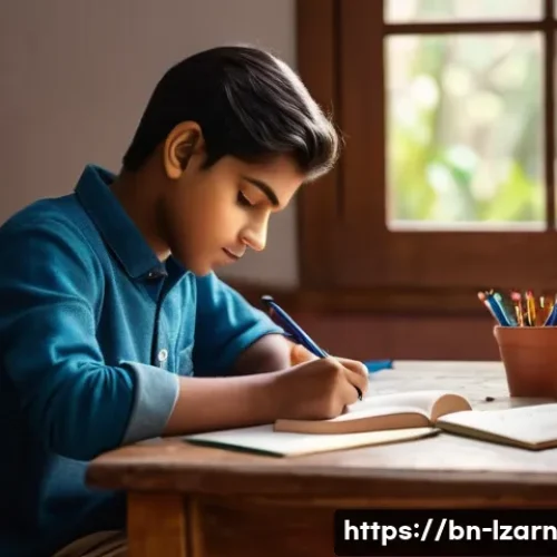 Home 31 학습 루틴에서의 목표 및 성과 측정하기 - A focused Bengali student sitting at a neatly organized wooden desk in a cozy study room, writing go...