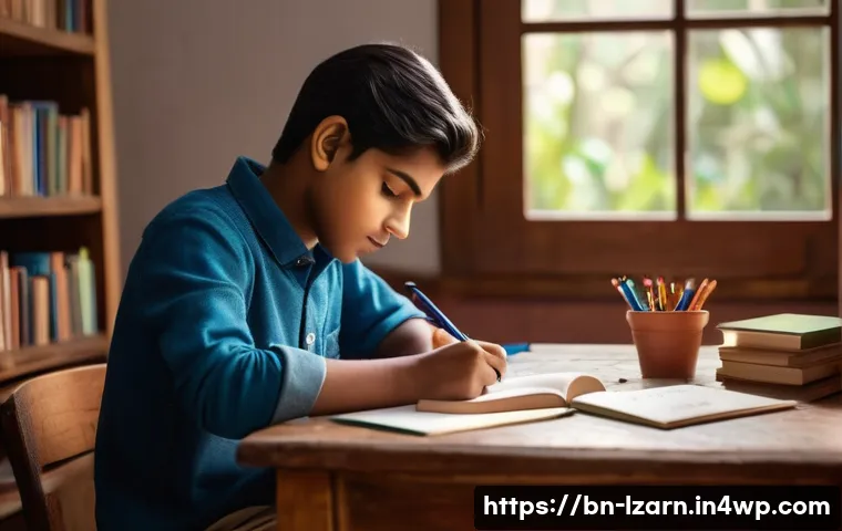 학습 루틴에서의 목표 및 성과 측정하기 - A focused Bengali student sitting at a neatly organized wooden desk in a cozy study room, writing go...