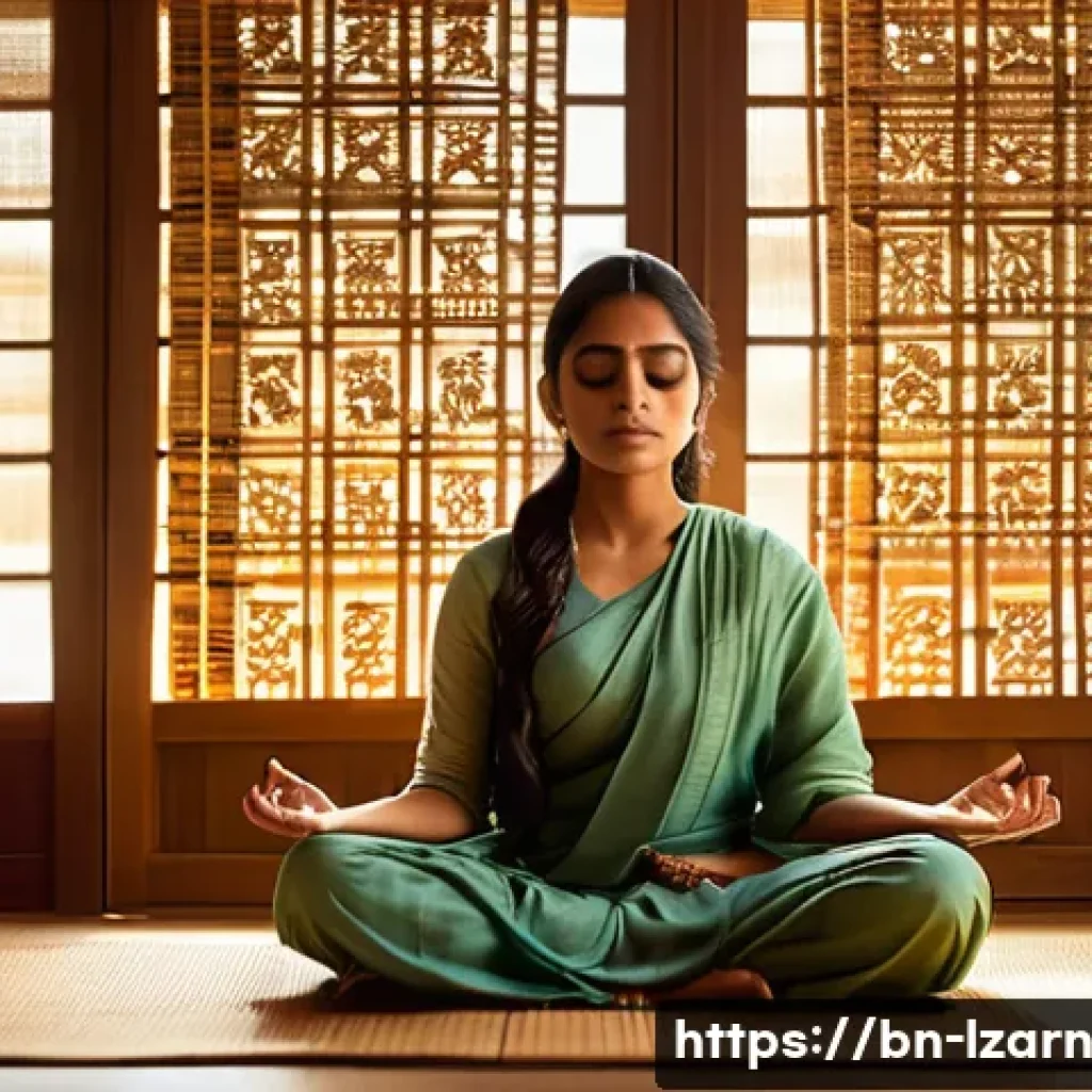 정신과 신체의 조화를 이루는 학습 루틴 - A serene indoor meditation scene featuring a young Bengali woman practicing mindfulness in a clean, ...