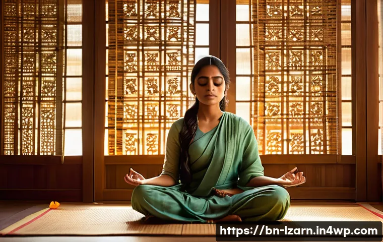 정신과 신체의 조화를 이루는 학습 루틴 - A serene indoor meditation scene featuring a young Bengali woman practicing mindfulness in a clean, ...