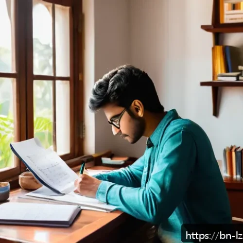 Home 17 학습 루틴을 통한 생산성 극대화하기 - A peaceful and organized home study desk in a bright room with natural sunlight coming through a win...